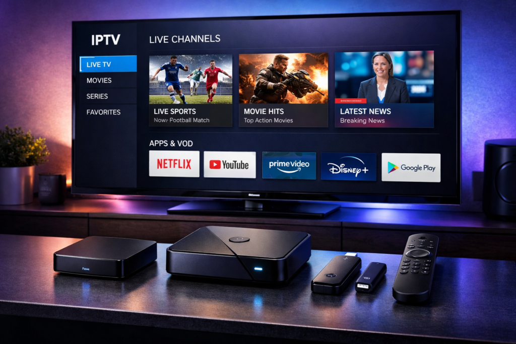 best Android box for IPTV shown with a 4K smart TV streaming dashboard background.