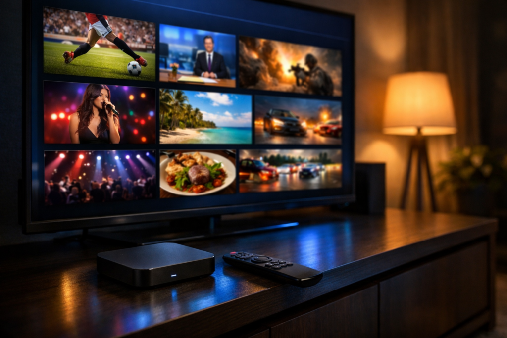 Best android tv box for IPTV connected to a 4K smart TV displaying multiple streaming channels in a modern living room setup with remote control on a wooden table.