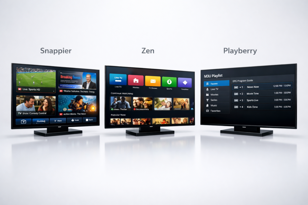 Three Apple TV screens side by side, showing Snappier, Zen, and Playberry IPTV apps. Visual comparison highlighting the features of the best Apple TV IPTV app for 4K streaming and beginner-friendly use
