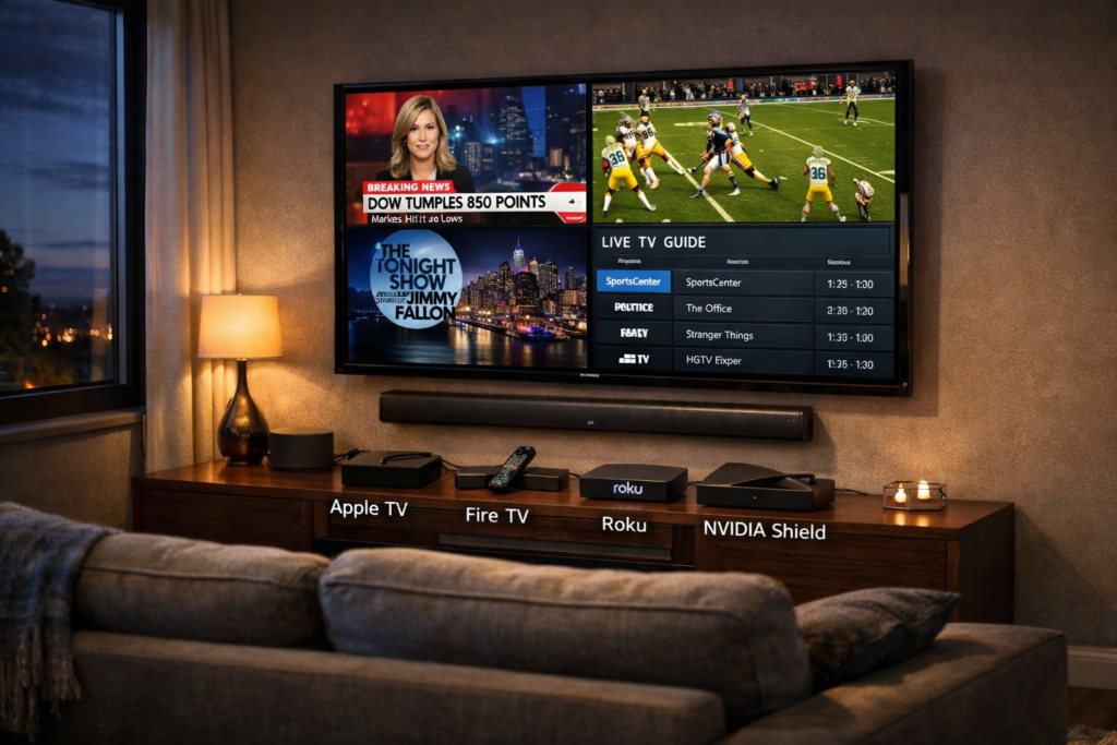 Realistic home entertainment room with smart TV and streaming devices connected, demonstrating the best device for IPTV in a practical setup.