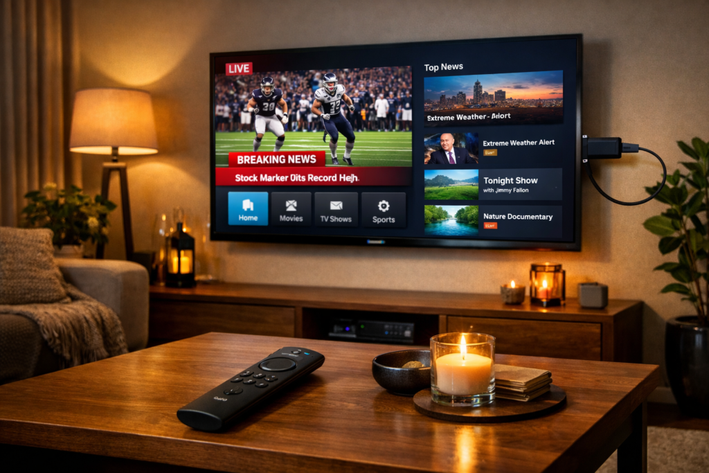 Home entertainment setup demonstrating the best Firestick for IPTV connected to a smart TV.