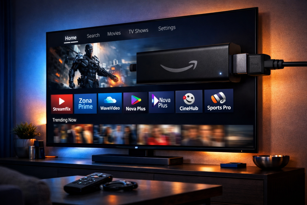 Modern living room with a large 4K TV and Amazon Firestick, showcasing the best Firestick IPTV setup with smooth streaming and multiple app icons visible