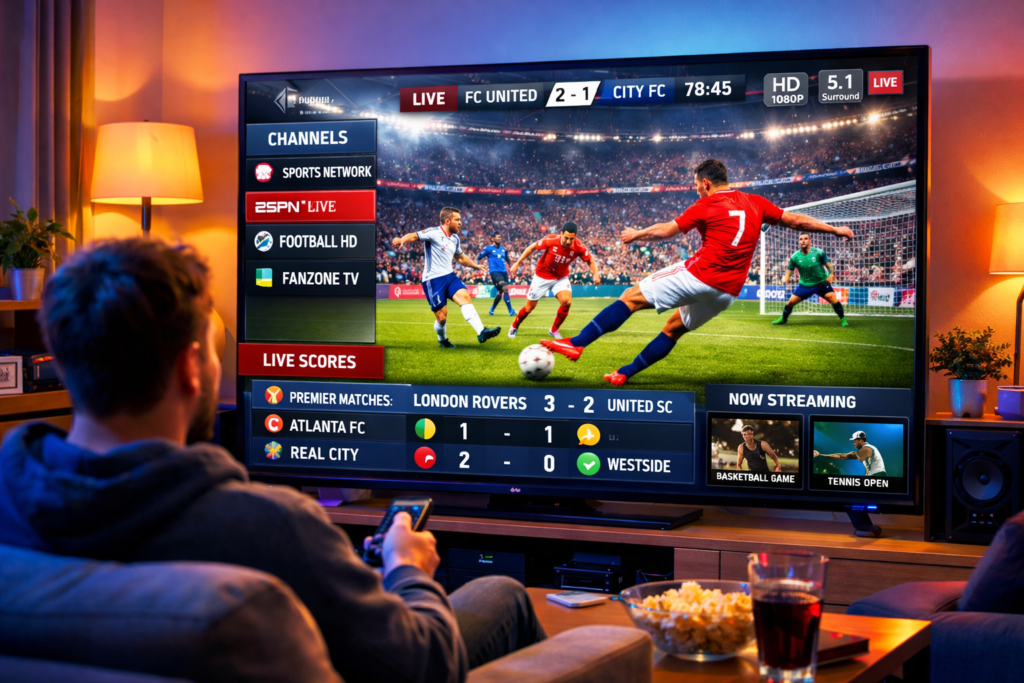 a person  watching live football on the best IP TV app with high quality streaming and live scores