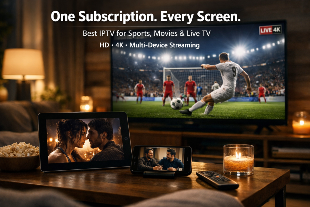 Smart TV, tablet, and smartphone streaming sports and movies simultaneously, demonstrating the best IPTV service with multi-device 4K streaming