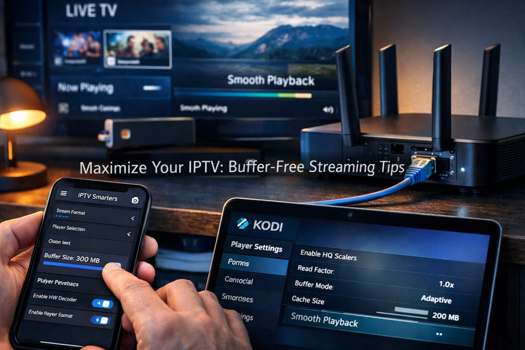 Hands adjusting buffer settings on best IPTV app and a router sit in a tidy streaming setup