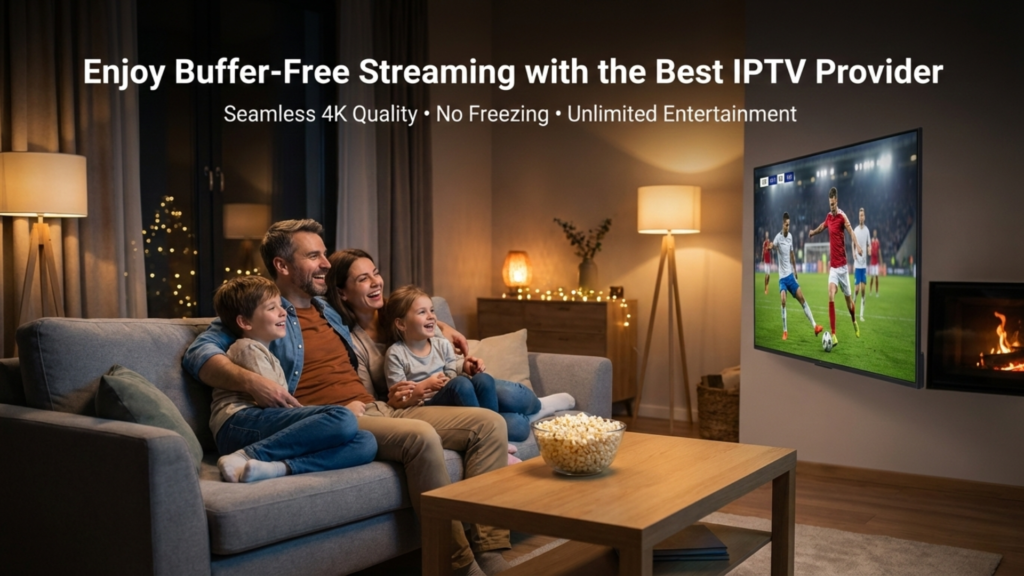 Happy family of four sitting on a living room sofa watching 4K TV together, enjoying smooth streaming with the best IP TV provider.