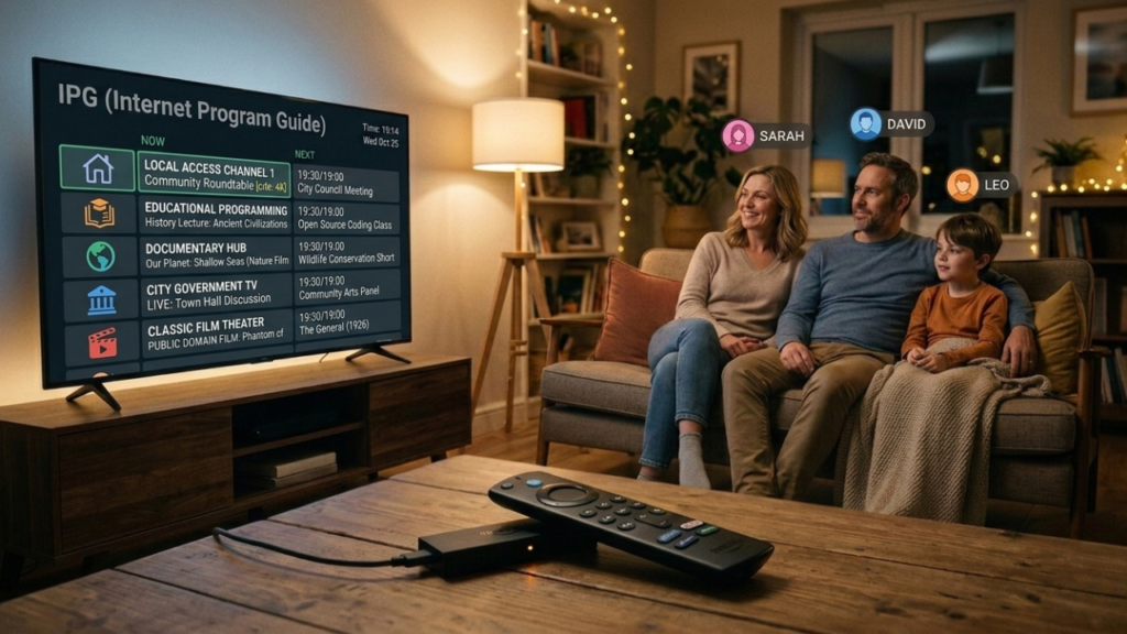 Best IPTV app Firestick displayed on a 4K smart TV with clean electronic program guide interface in a modern living room