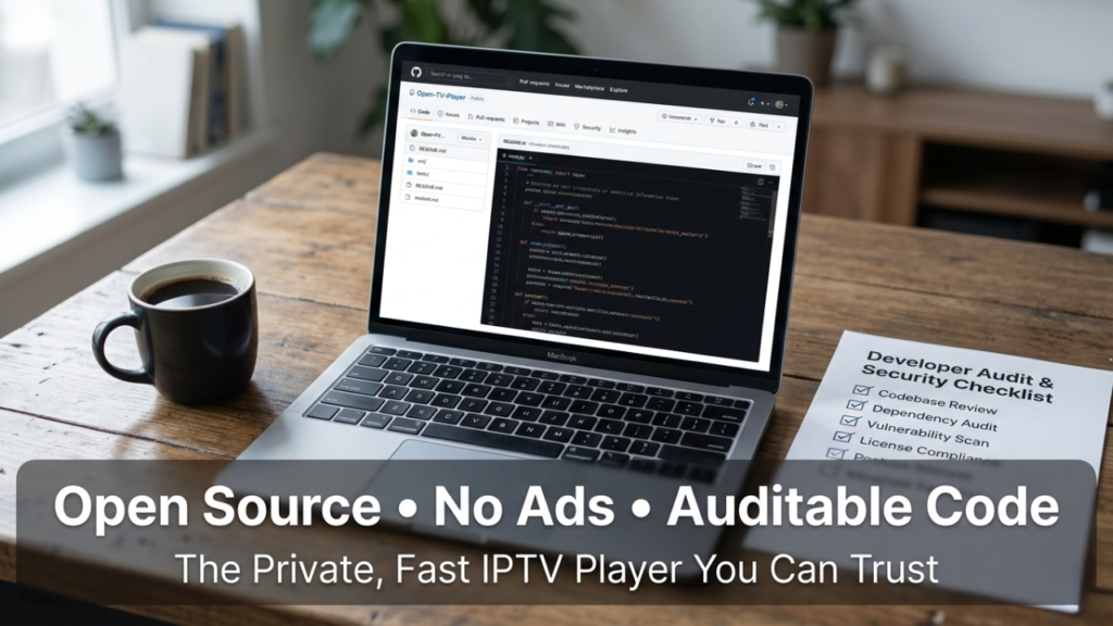 Laptop displaying open-source code and GitHub repository representing the best IPTV app for Android focused on privacy, transparency, and ad free streaming.