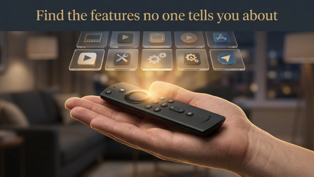 close-up of a Firestick remote glowing like a key symbolizing hidden tools and settings for optimizing the best IPTV Firestick experience.