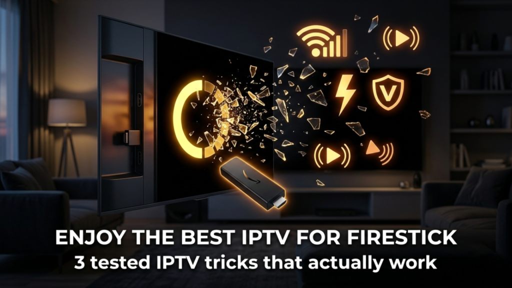 Fire Stick connected to a TV with a shattered buffering icon symbolizing fast and smooth streaming using the best IPTV for Firestick in 2026.
