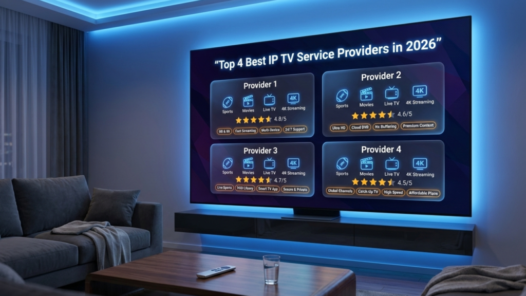 Comparison of Best IP TV Service Providers in 2026 showing four provider cards with features and ratings