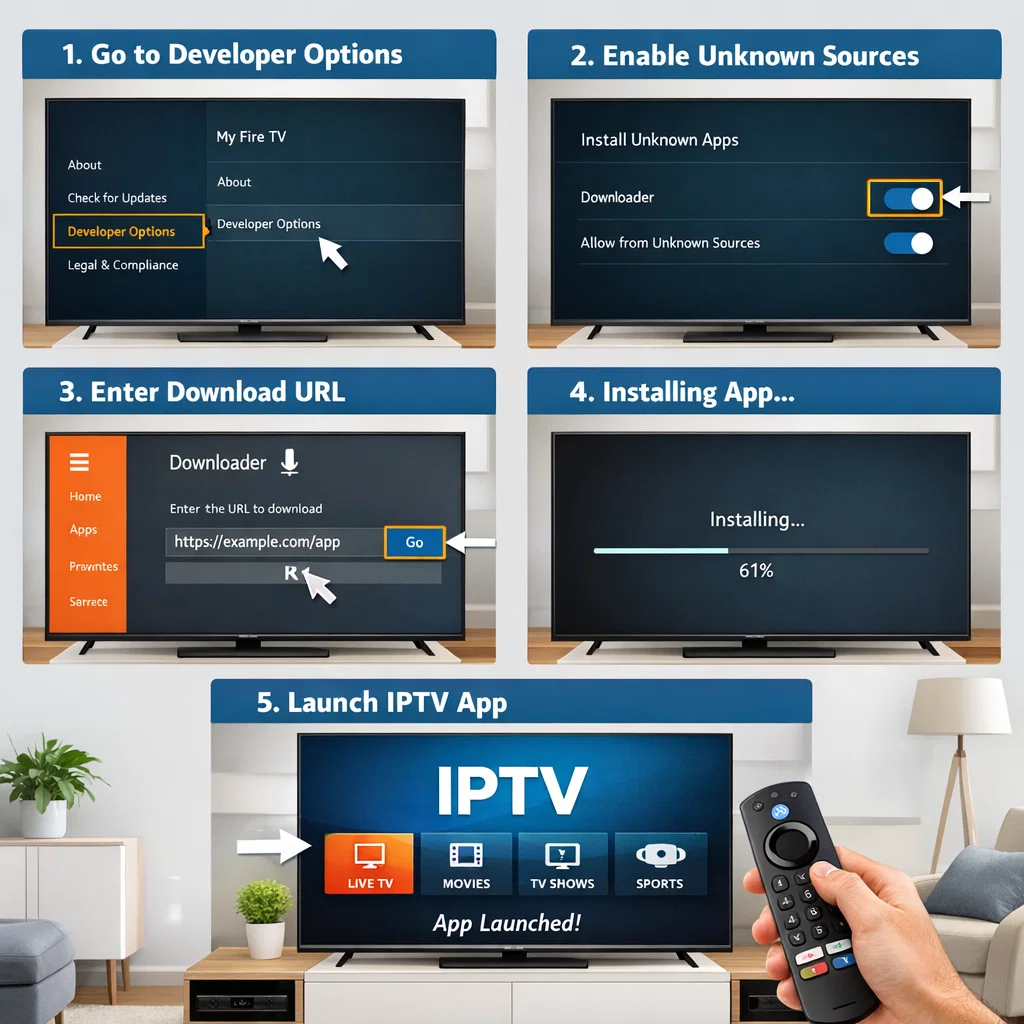 Step-by-step guide showing how to enable unknown sources and install iptv on a firestick using the Downloader app.