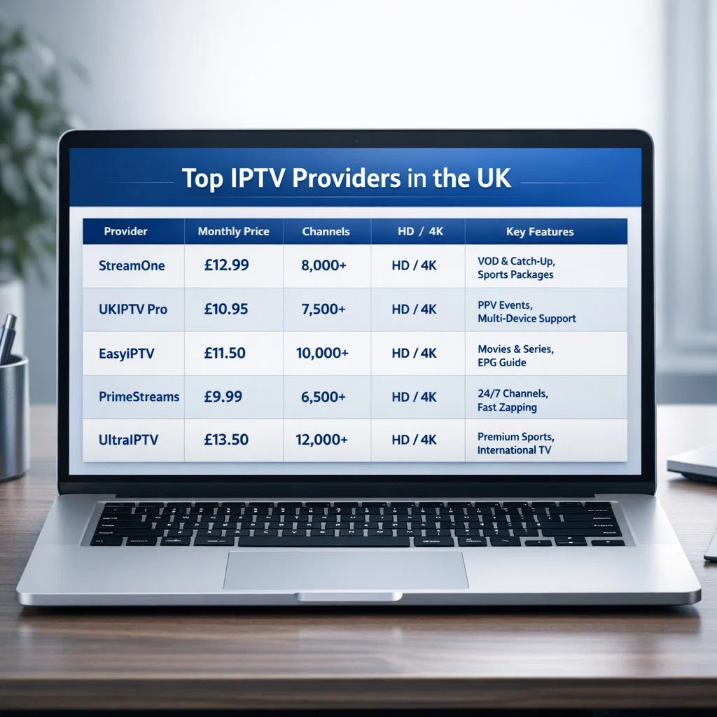 Comparison table of top iptv uk providers showing pricing and channel numbers
