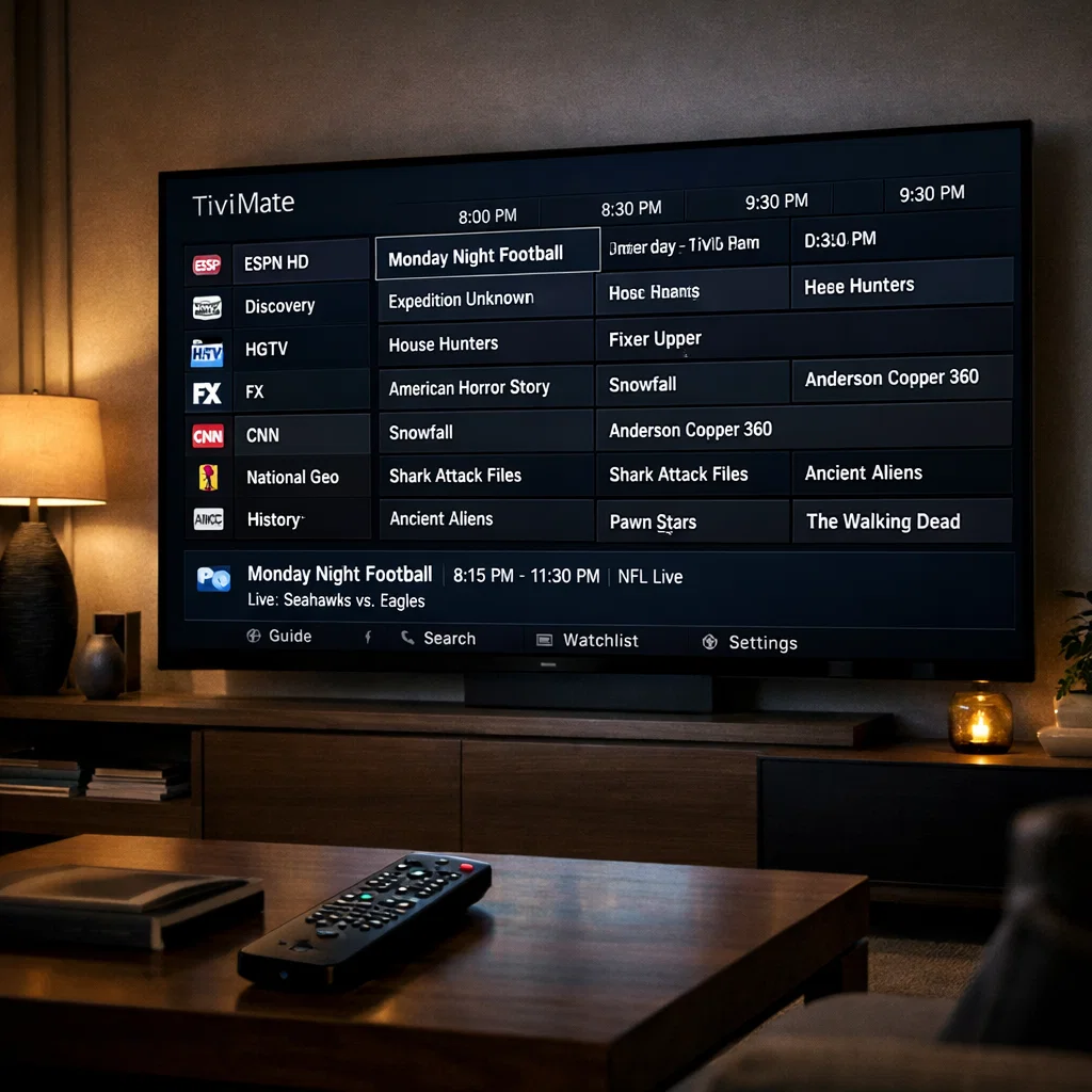 TiviMate app interface on a Smart TV showing an M3U iptv channel guide.