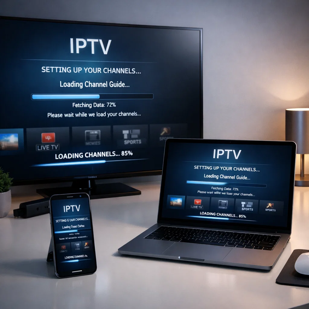 A Firestick, smartphone, and laptop showing an iptv main guide app interface during setup