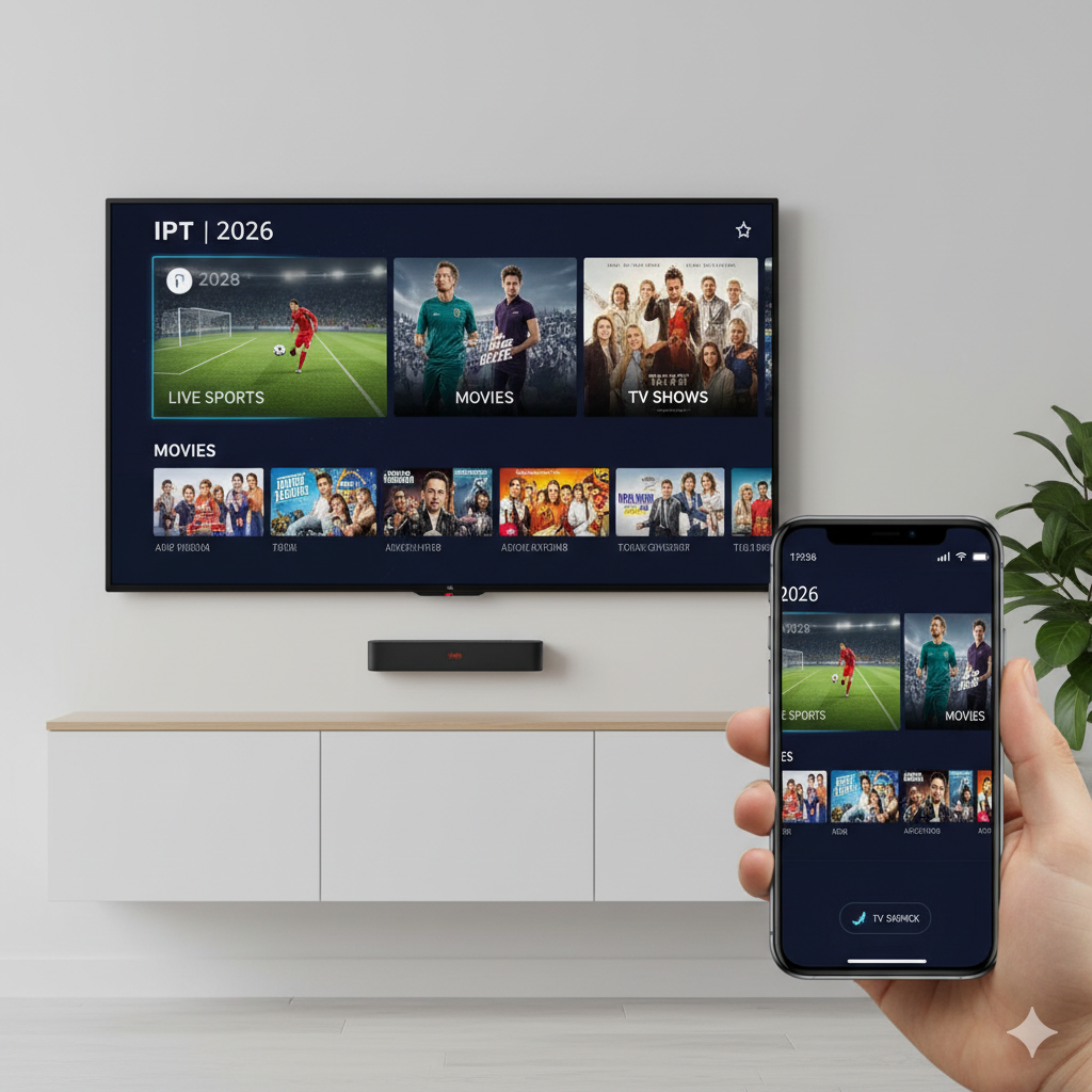 Smart TV, Firestick device, and mobile phone displaying a live sports and movies interface from a top IPTV provider in 2026.