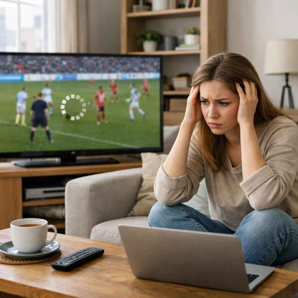 Image of a family watching TV in a living room in Manchester: "Family watching reliable iptv main service on smart tv in Manchester living room.
