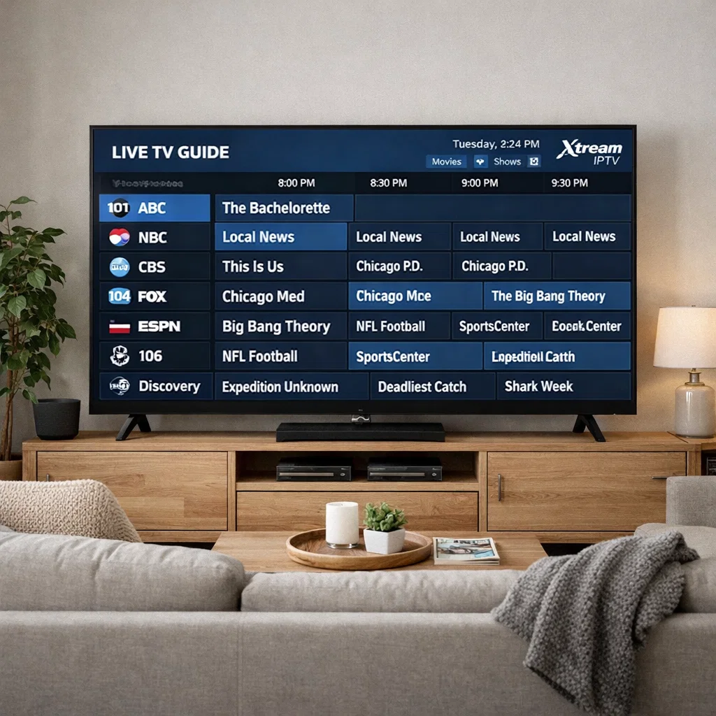 Image of a TV screen with a channel guide: "Electronic Program Guide (EPG) display on xtream ip tv service."