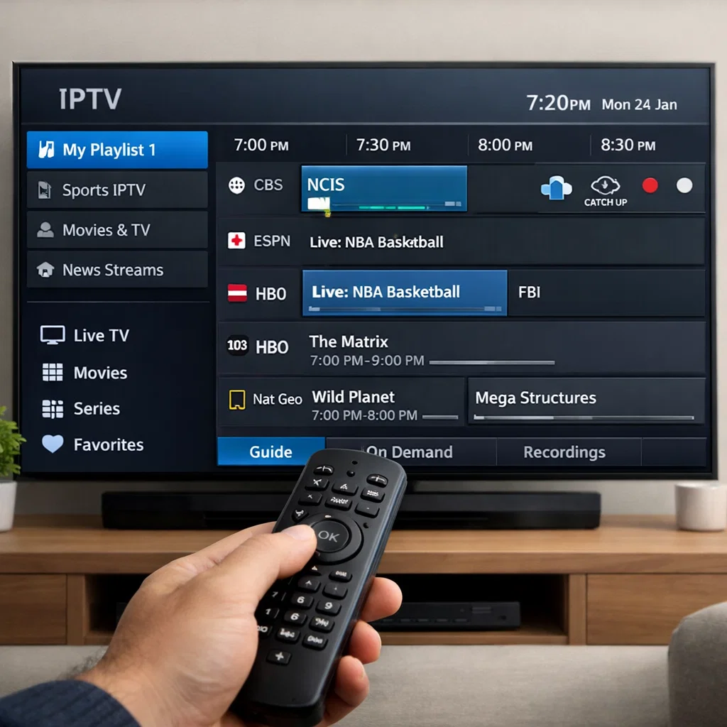 Image of a Firestick plugged into a TV: "Firestick connected to TV for iptv tv streaming.