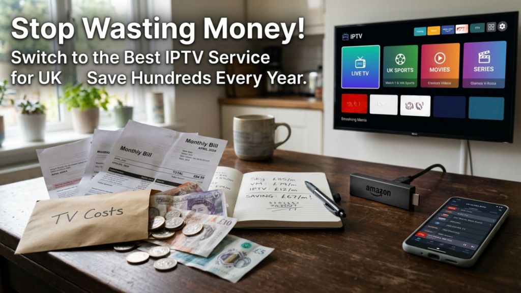 Kitchen table with cash and cable bills replaced by Fire Stick showing the best IPTV service for uk,