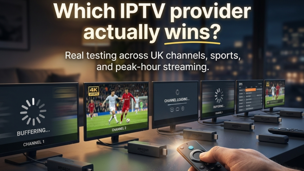 Streaming devices connected to TVs showing different channels during a performance comparison for the best IPTV provider in UK.