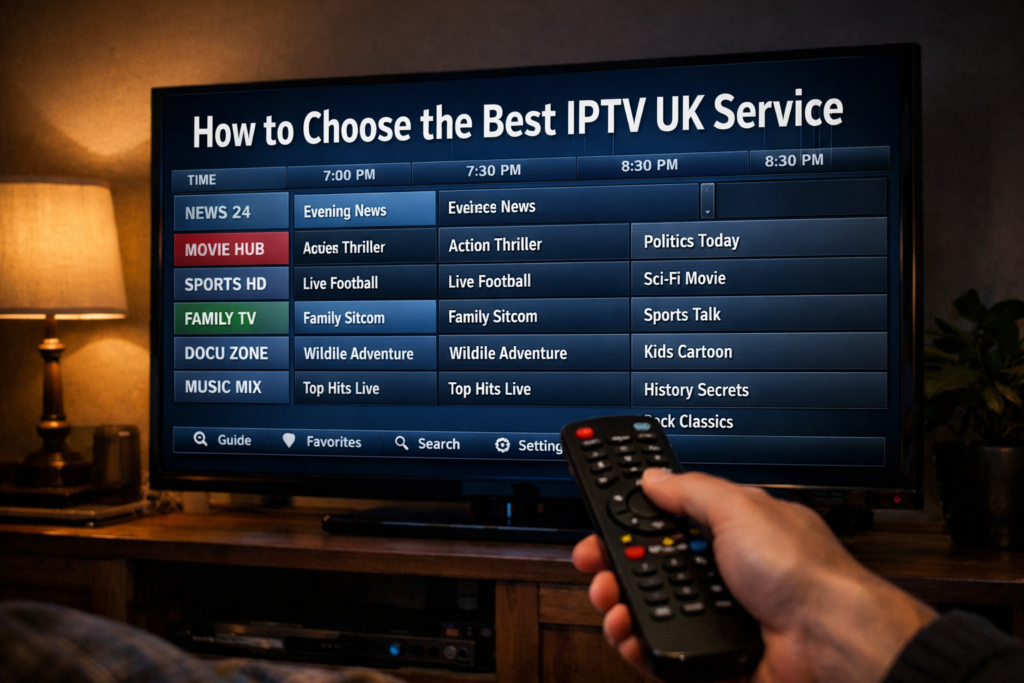 Close-up of a smart TV showing an IPTV channel guide with a hand holding a remote and overlay text How to Choose the Best IPTV UK Service