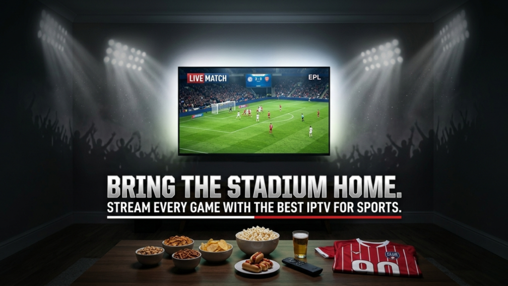 Living room TV creating a stadium like atmosphere while streaming a live football match with the best IPTV for sports.