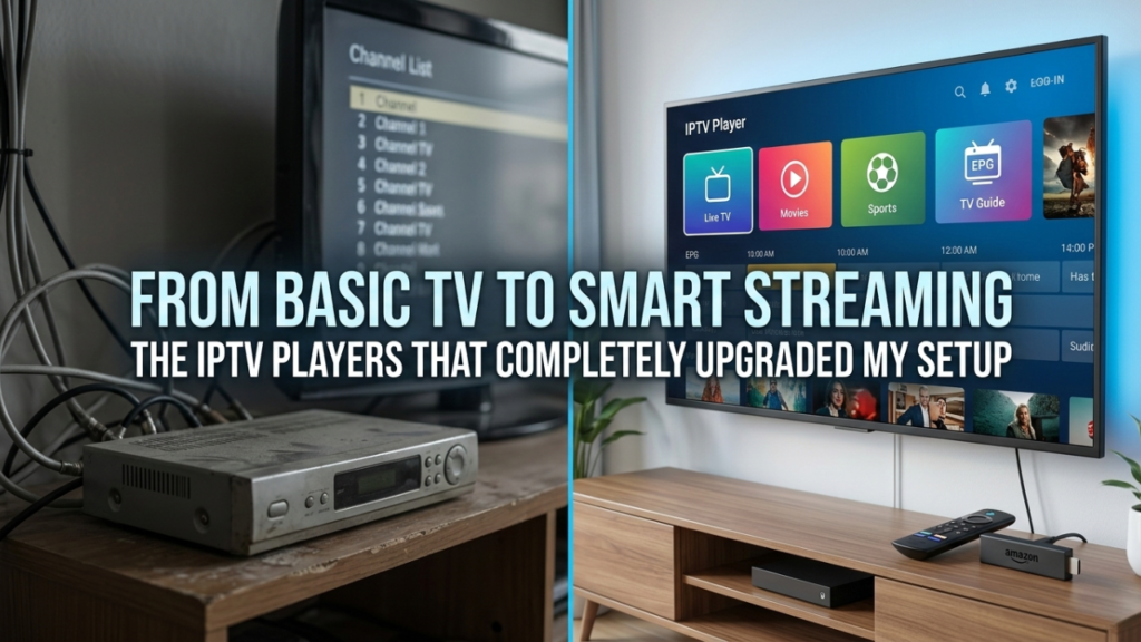 Comparison between an old cable TV setup and a modern smart TV interface using the best IPTV players for a smoother streaming experience.