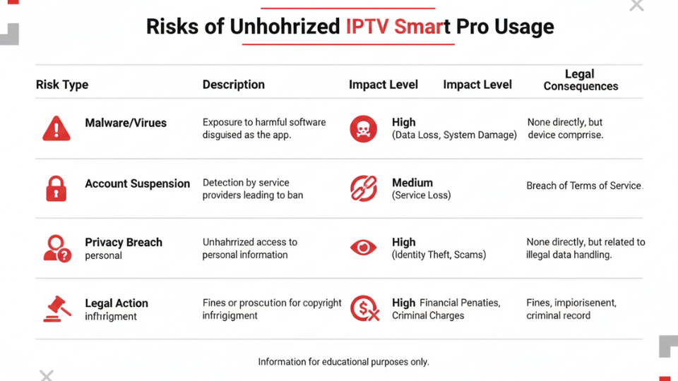 Comparison table of risks associated with unauthorized IPTV Smart Pro use