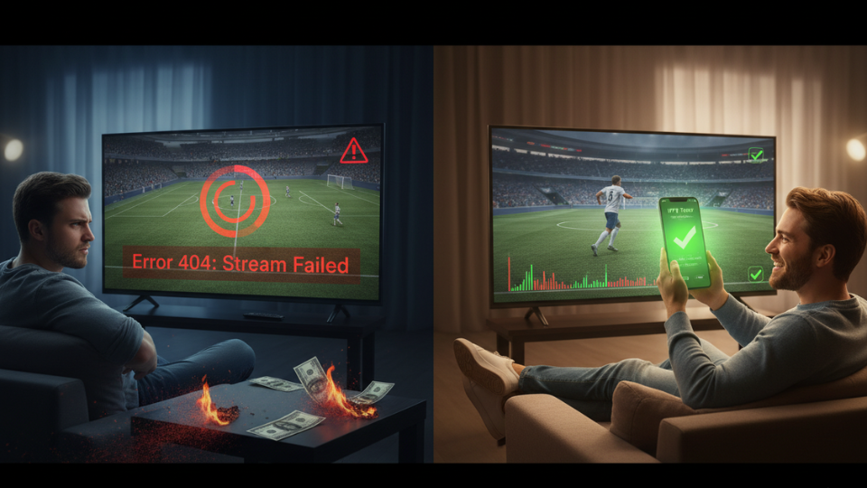 Split-screen showing frustrated user with buffering IPTV and wasted money vs happy user using IPTV tester for smooth streaming