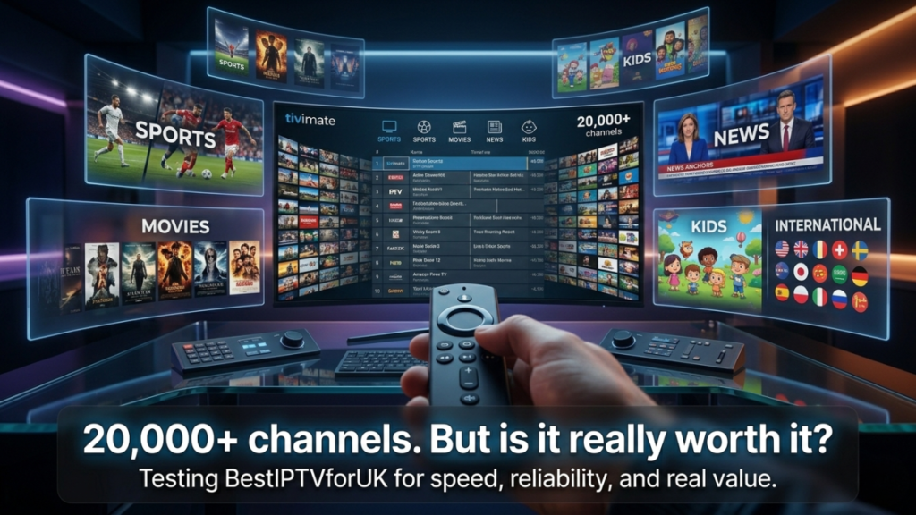 Fire Stick remote controlling multiple IPTV channel screens during a test of bestiptvforuk as the best IPTV provider in 2026.