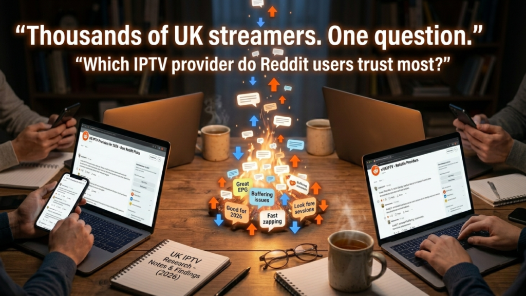 Multiple devices showing discussion threads as users compare the best IPTV provider UK Reddit communities recommend