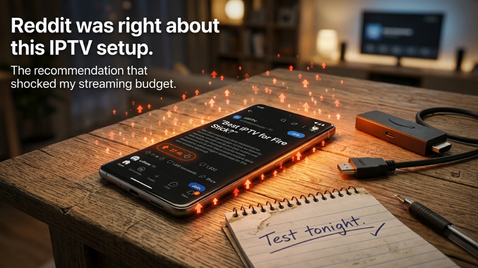 Smartphone displaying a highly upvoted Reddit thread discussing the best IPTV Reddit recommendation, with streaming setup items on a table nearby.