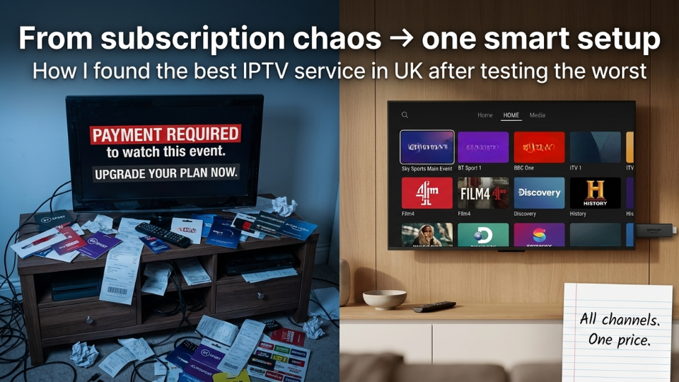 Split scene comparing multiple costly TV subscriptions using the best IPTV service in UK on a streaming device