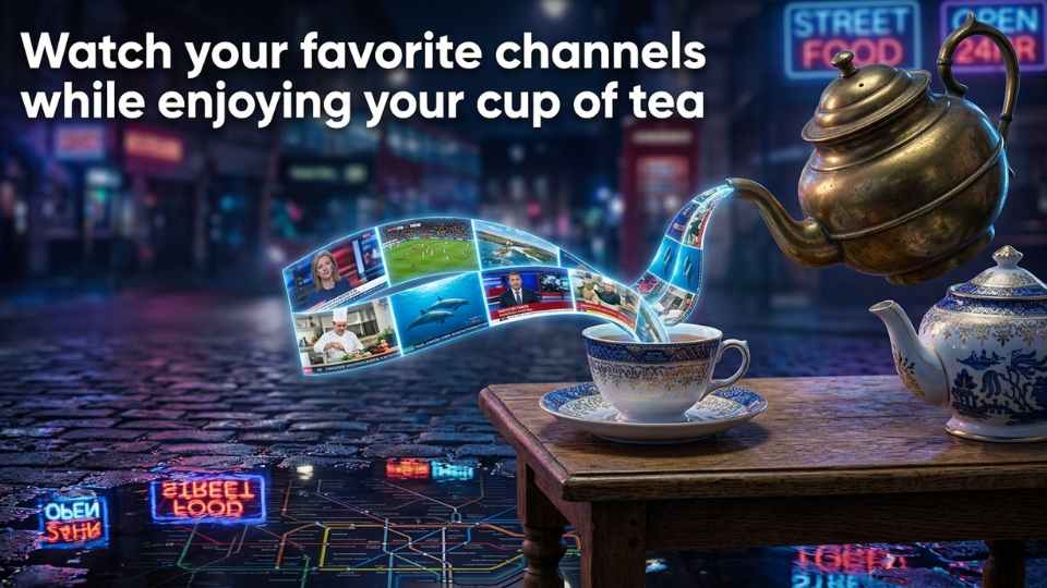 Vintage British tea set pouring glowing IPTV streams, highlighting the best IPTV service UK