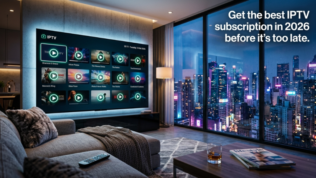Modern living room with TV showing the best IPTV subscription interface in 2026.