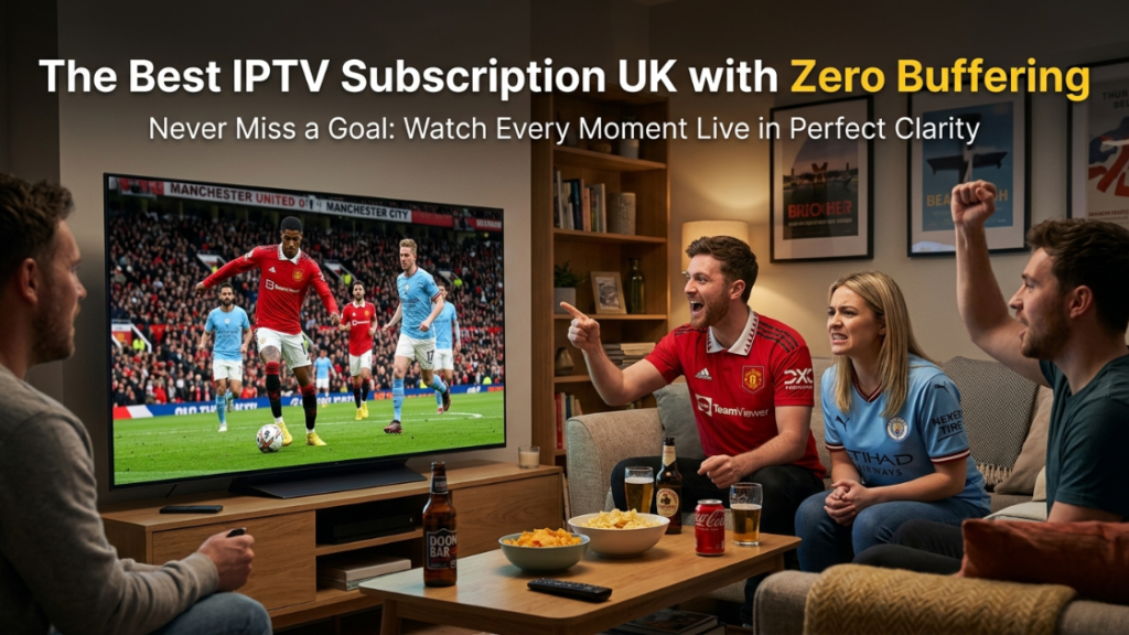 Friends watching live football in a UK home on a crystal clear TV, enjoying the best IPTV subscription UK without buffering