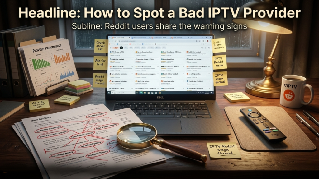 Laptop and notes analyzing IPTV reviews and warnings while searching forums for the best IPTV provider Reddit users suggest