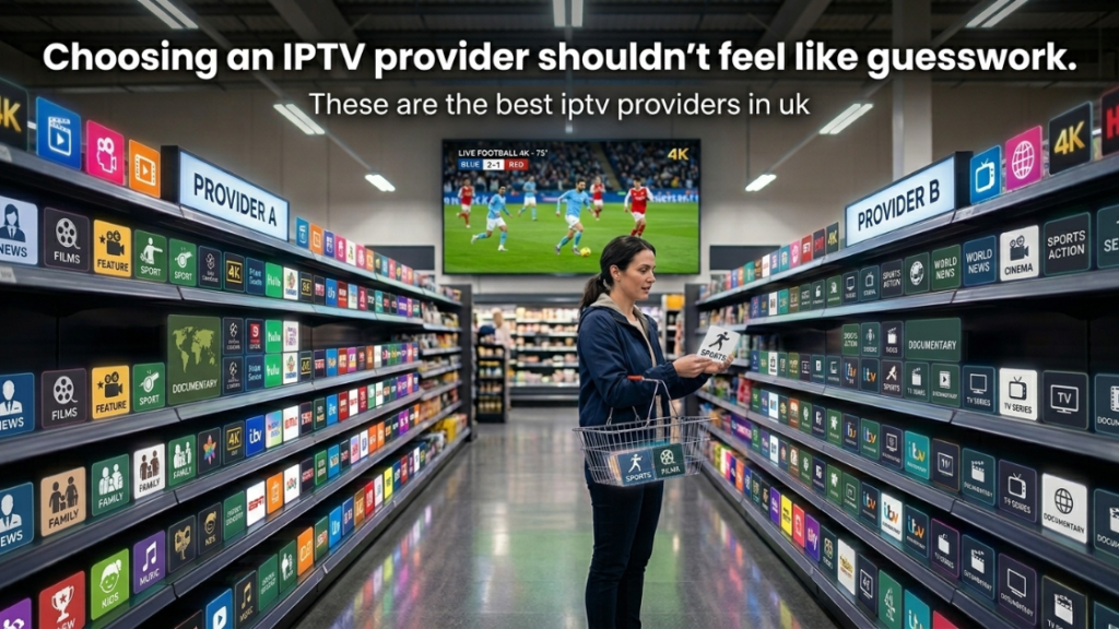 Creative scene of a shopper comparing digital streaming shelves while searching for the best IPTV provider UK for sports, movies, and live TV channels.